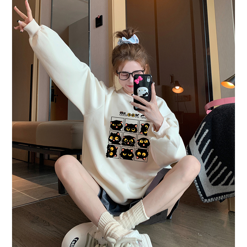 Autumn and winter plus velvet fun round-neck sweatshirt for women  new style foreign style age-reducing high-end sense super good-looking trendy tops