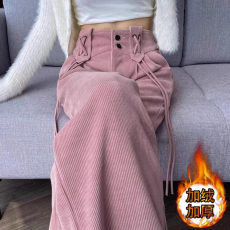 批发加绒粉色灯芯绒裤子女秋冬季新款设计感高腰直筒休闲雪尼尔阔腿裤