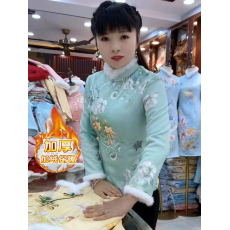 批发新中式旗袍冬款加绒碎花民族风洋气显瘦改良旗袍短款上衣 有吊坠