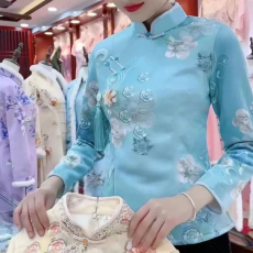 批发新中式民族风短款旗袍上衣女士立领长袖冬季加绒修身显瘦复古外套