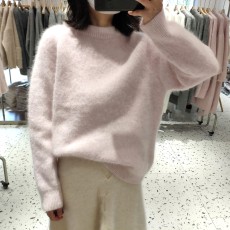 韩国冬装高级感兔毛羊毛粉色毛衣女圆领套头宽松慵懒厚针织打底衫
