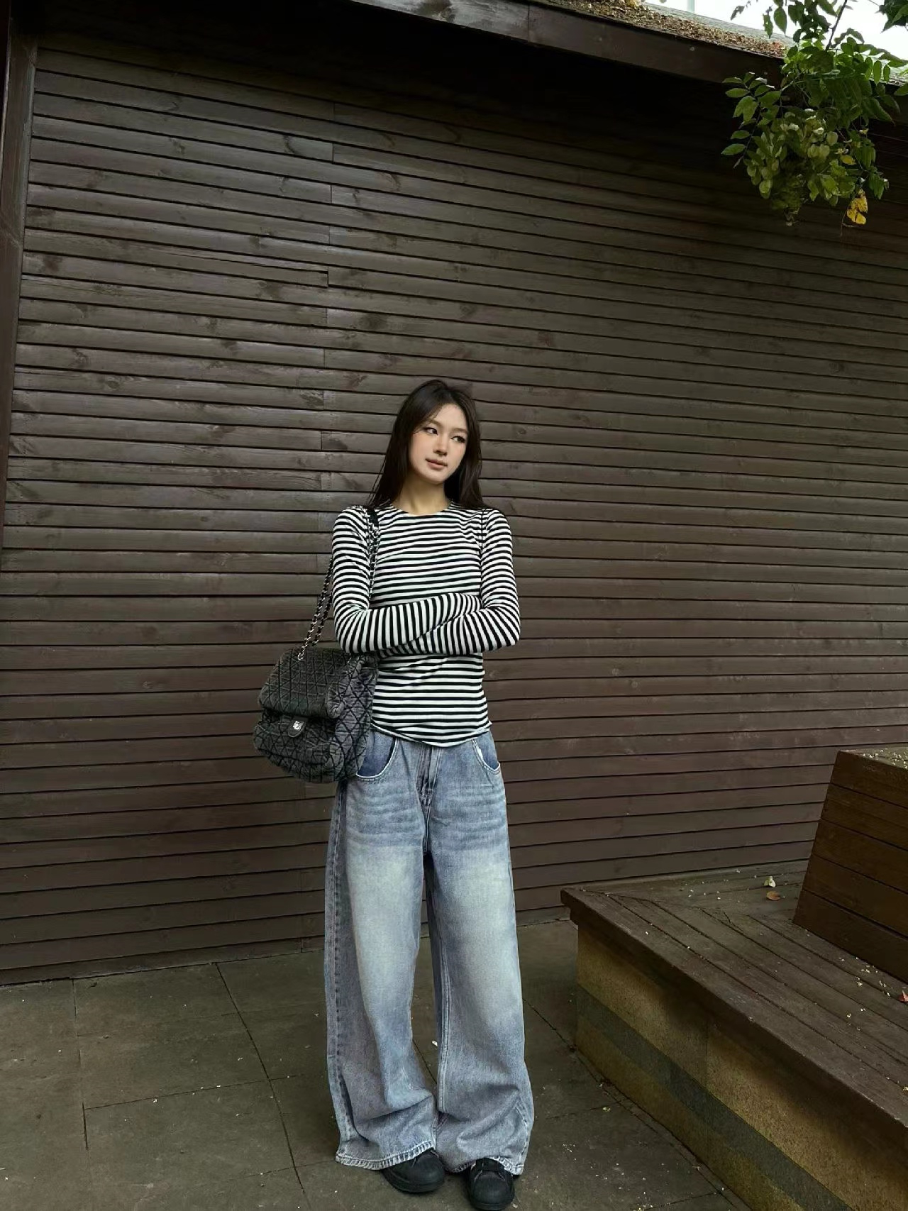 美式辣妹條紋t恤女正肩純棉長袖秋冬內搭圓領打底衫修身針織上衣