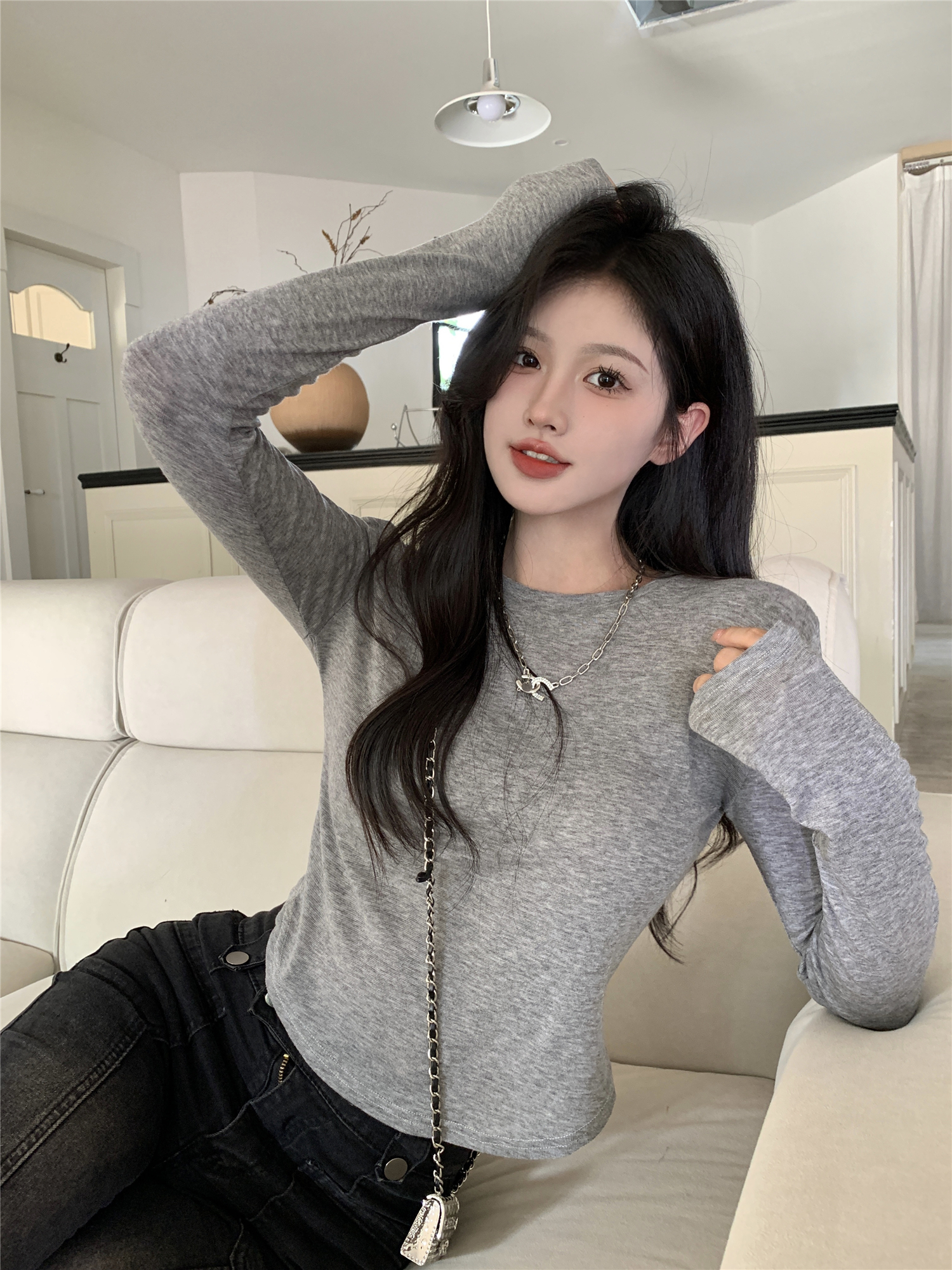 Actual shot~Autumn and winter new design niche round neck long sleeves + knitted tube top two-piece set