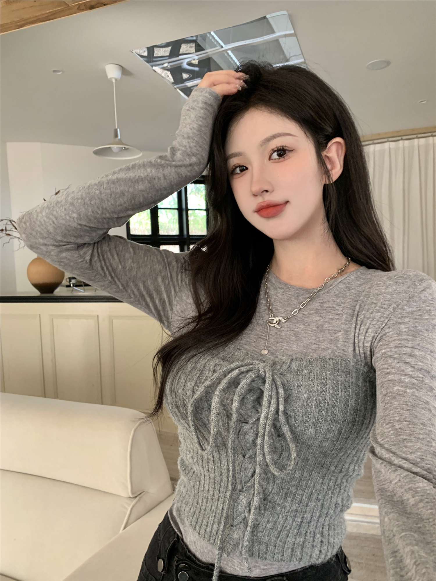 Actual shot~Autumn and winter new design niche round neck long sleeves + knitted tube top two-piece set