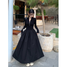 批发官图#230克高弹条名媛赫本风收腰显瘦长袖长款半拉链<b class='q'>连衣裙</b>