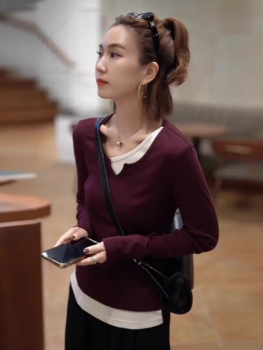 European right shoulder fake two-piece age-reducing splicing v-neck long-sleeved T-shirt women's new autumn waist-cinching inner top