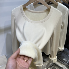 批发<b class='q'>婴儿</b>绒加厚保暖圆领长袖T恤女2023秋冬新款一体绒内搭打底衫上衣