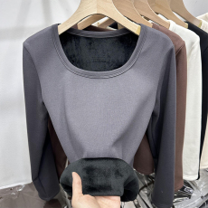 批发欧货加绒加厚大圆领T恤女2023秋冬<b class='q'>婴儿</b>绒弹力修身内搭打底衫上衣