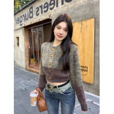 实拍实价 新款设计感撞色辣妹短款毛衣开衫小众纯欲显瘦针织衫