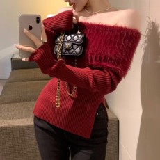 批发水貂绒新年红色毛衣秋冬独特别致纯欲辣妹一字肩上衣内搭女<b class='q'>打底衫</b>