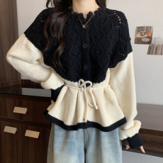 批发实拍2025<b class='q'>秋</b>冬新款大码女装胖mm设计感撞色收腰显瘦镂空针织衫上衣