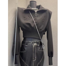 批发韩国东大门2026春季新款收腰黑色长袖翻领卫衣女别致字母短款上衣