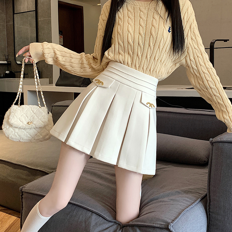 MY15351# 新款韩系小香风A字半身裙时尚M扣高腰显瘦毛呢百褶裙女裝貨...