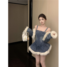 批发秋冬季复古毛领牛仔外套<b class='q'>蓬蓬</b>连衣裙加厚羊羔毛套装女