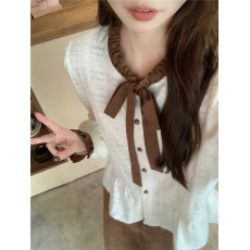 批发法式复古设计感撞色圆领系带衬衫秋冬<b class='q'>韩国</b><b class='q'>蕾丝</b>小衫上衣