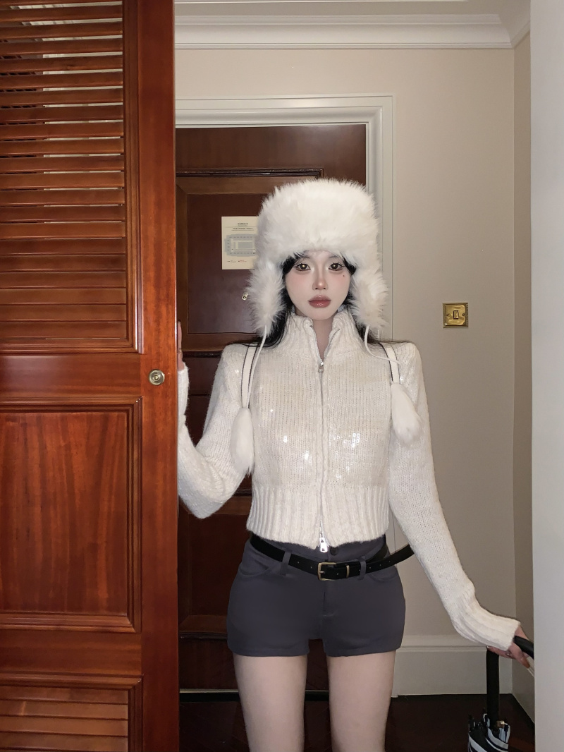 Real shot~Sunny wool sequined off-white long and short double zipper sweater