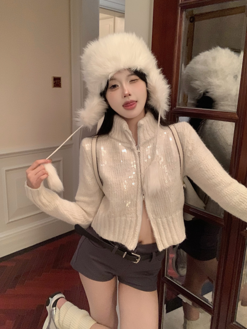 Real shot~Sunny wool sequined off-white long and short double zipper sweater