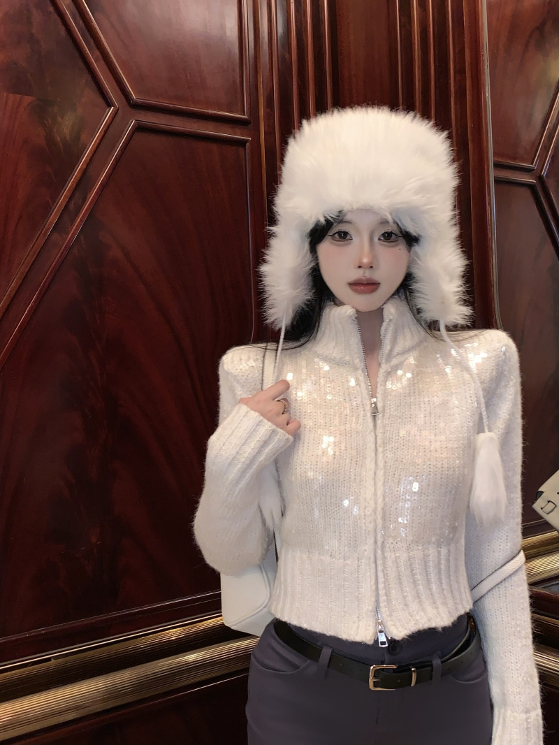 Real shot~Sunny wool sequined off-white long and short double zipper sweater