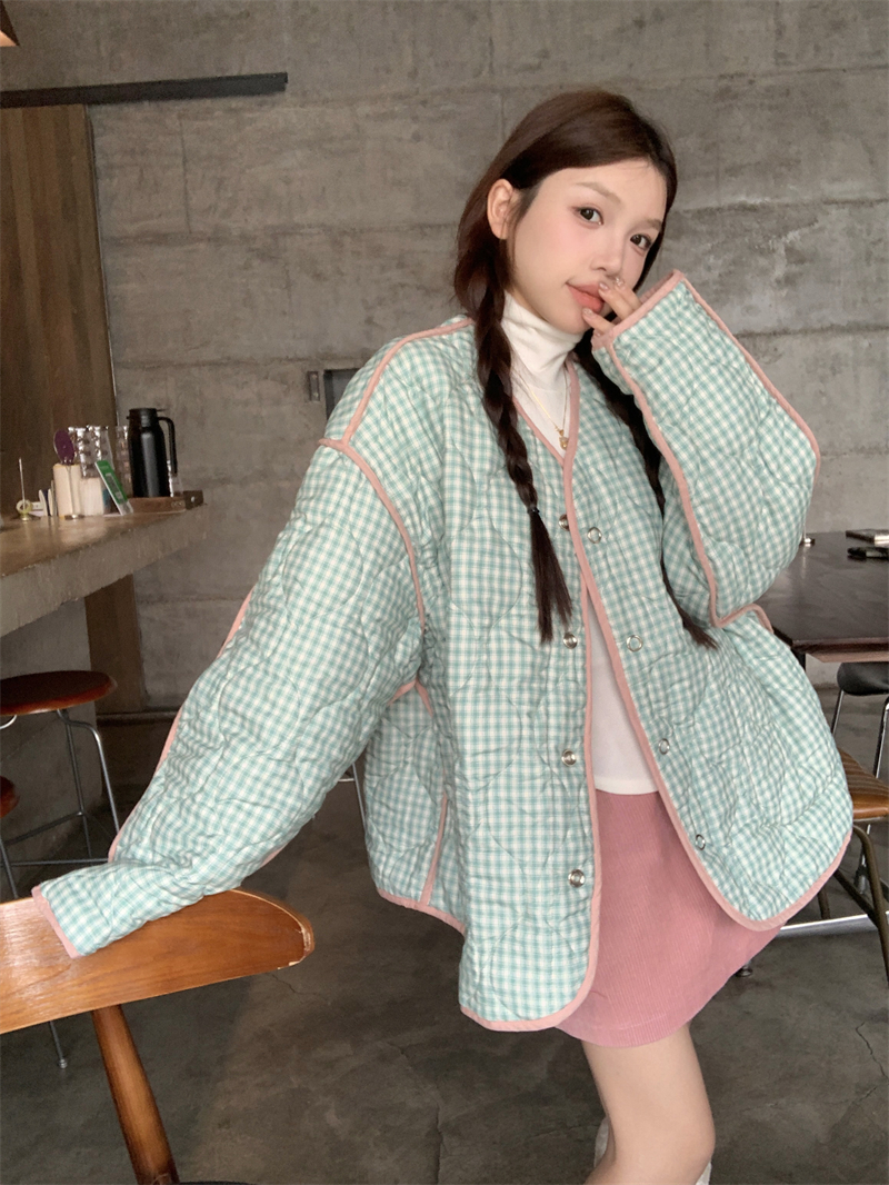 Actual shot ~ Retro small fresh floral reversible spliced ​​cotton coat winter Korean style plaid cotton coat