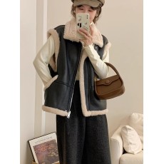 批发百搭机车马甲皮毛一体皮草外套女短款马夹2023冬新款羊羔毛背心