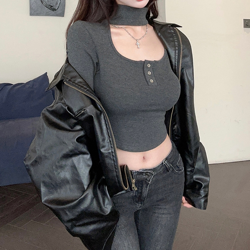  Autumn and Winter New Fashion Casual Halter Square Neck Long Sleeve Bottoming Shirt Retro Slim Slim Knitted Top for Women