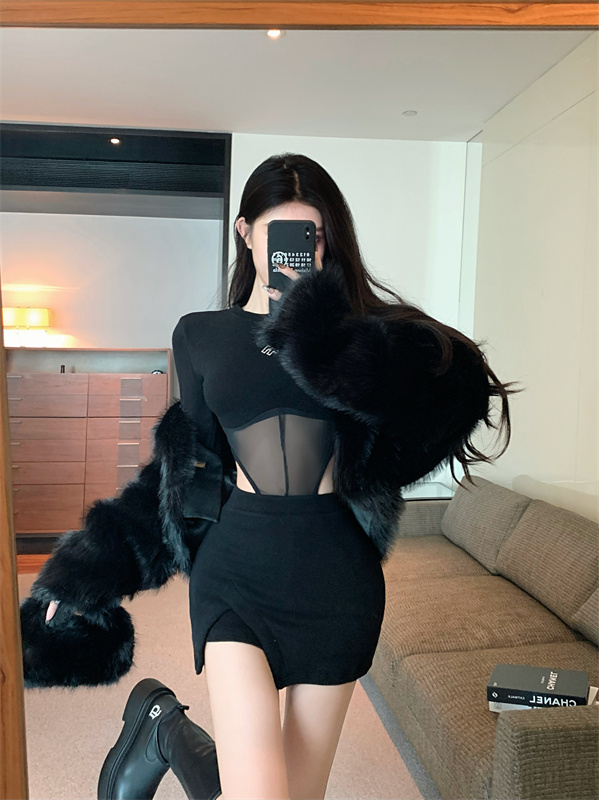 Actual shot of women's hollow-design mesh one-piece top + irregular slit slim-fitting skirt for women