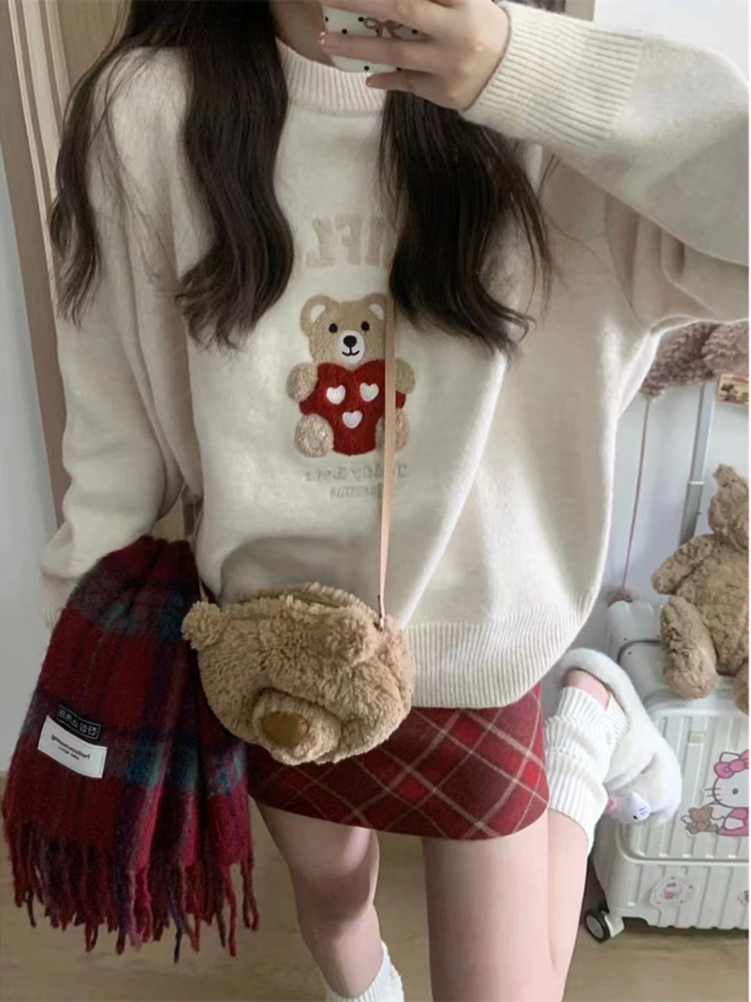 秋冬新款韓國復古重工刺繡小熊毛巾繡套頭毛衣女圓領針織衫