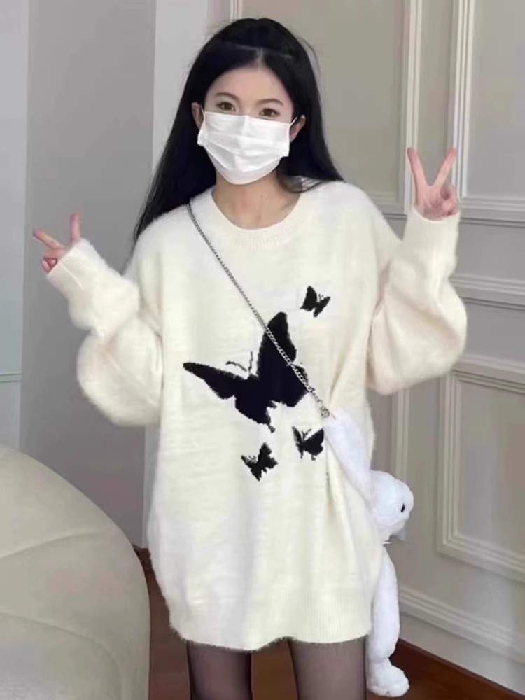 秋冬新款韓國軟糯溫柔蝴蝶慵懶風毛衣寬鬆復古仿水貂絨針織衫