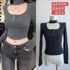 批发秋冬新款时尚休闲挂脖方领长袖打底衫复古修身显瘦上衣女