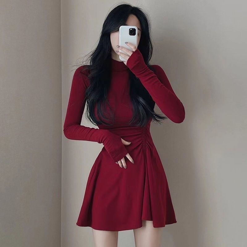 Korean chic spring and autumn design pleated waist half-high collar plus velvet long-sleeved bottoming dress women's slimming short skirt
