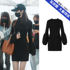 批发宋轶同款圆领简约针织<b class='q'>连衣裙</b>女秋冬新款小众收腰喇叭袖包臂裙子潮