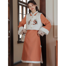 批发加绒加厚柿柿如意冬季新款新中式刺绣马甲<b class='q'>连衣裙</b>两件套