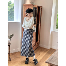 批发格子布复合加绒加厚 <b class='q'>新款</b>百搭后开叉休闲半身裙女