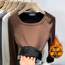 批发实拍加绒加厚<b class='q'>婴儿</b>绒保暖小众短款设计感打底衫女内搭纯色T恤上衣