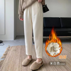 批发米白色加绒加厚休闲卫裤女<b class='q'>冬</b>季初高中学生哈伦裤柔软保暖萝卜裤子
