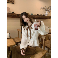 批发法式复古设计感撞色圆领系带衬衫秋冬<b class='q'>韩国</b><b class='q'>蕾丝</b>小衫上衣