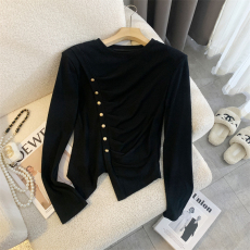 批发实拍◆  设计感小众<b class='q'>t</b><b class='q'>恤</b>女<b class='q'>长袖</b>不规则开叉上衣女百搭显瘦褶皱