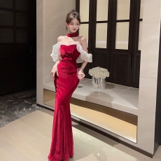 批发实拍金丝绒一字领修身显瘦礼服连衣裙长款<b class='q'>齐</b><b class='q'>地</b>有胸垫