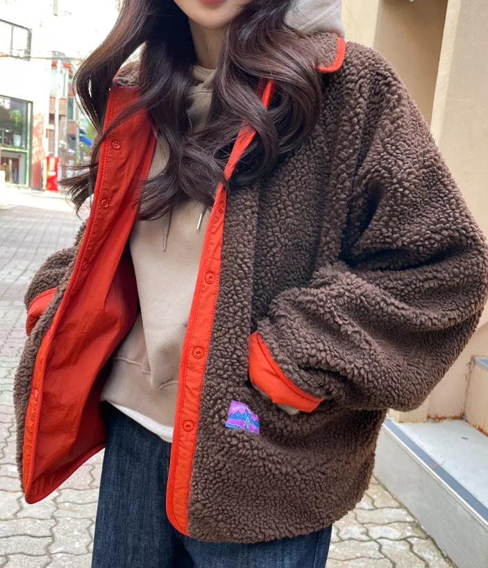 한국 스타일 가을 겨울 과립 플러시 양면 착용 재킷 chic 하라주쿠 스타일 루즈핏 오픈 가디건 레트로 빅 사이즈 배색 여성 코트