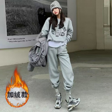 批发韩系休闲运动套装女秋<b class='q'>冬</b>加绒2026新款宽松港风炸街卫衣卫裤两件套