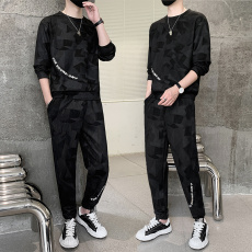 批发实拍休闲运动套装男士春秋季新款潮牌圆领卫衣宽松两件套搭配男装