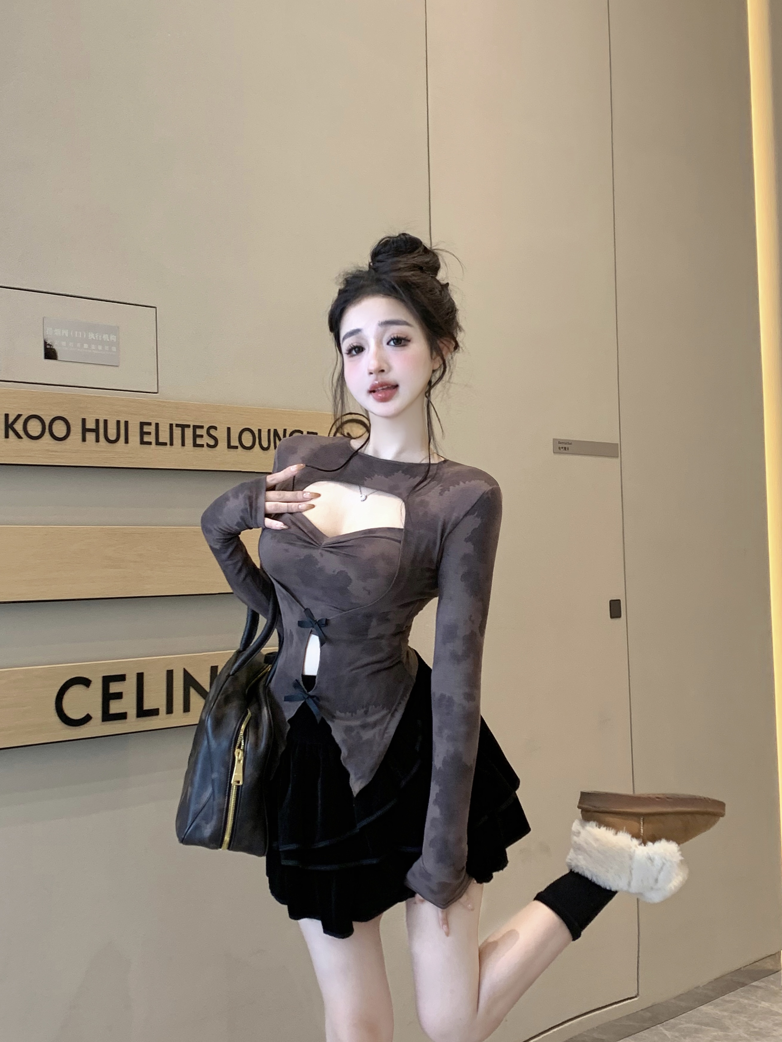 實拍  美式復古扎染辣妹長袖鏤空蝴蝶打底衫上衣
