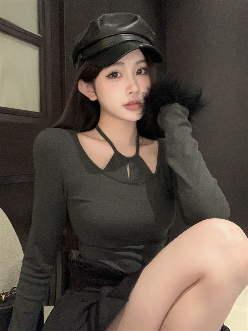 실사 정가 디자인 센스 섹시함 홀로우 아웃 행침 목 털 머리 소매 페이크 레이어드 몸매 가꾸기 다용도 만나는 티셔츠