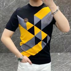 批发2023<b class='q'>夏</b>季新款圆领冰丝短袖T恤男士欧货复古几何拼接套头半袖