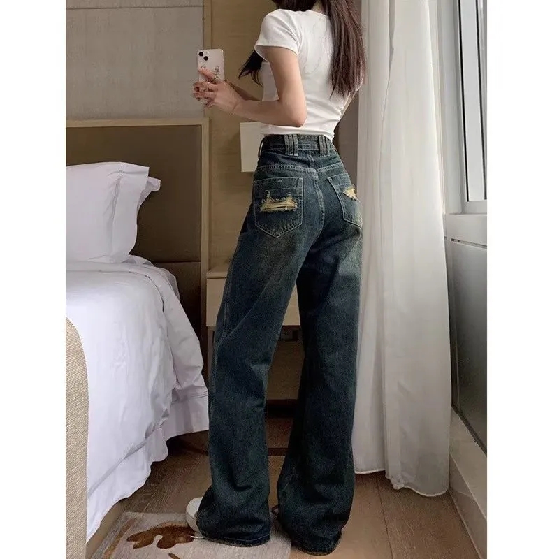 復古做舊破洞直筒牛仔褲女秋冬新款韓版水洗高腰垂感寬鬆闊腿長褲