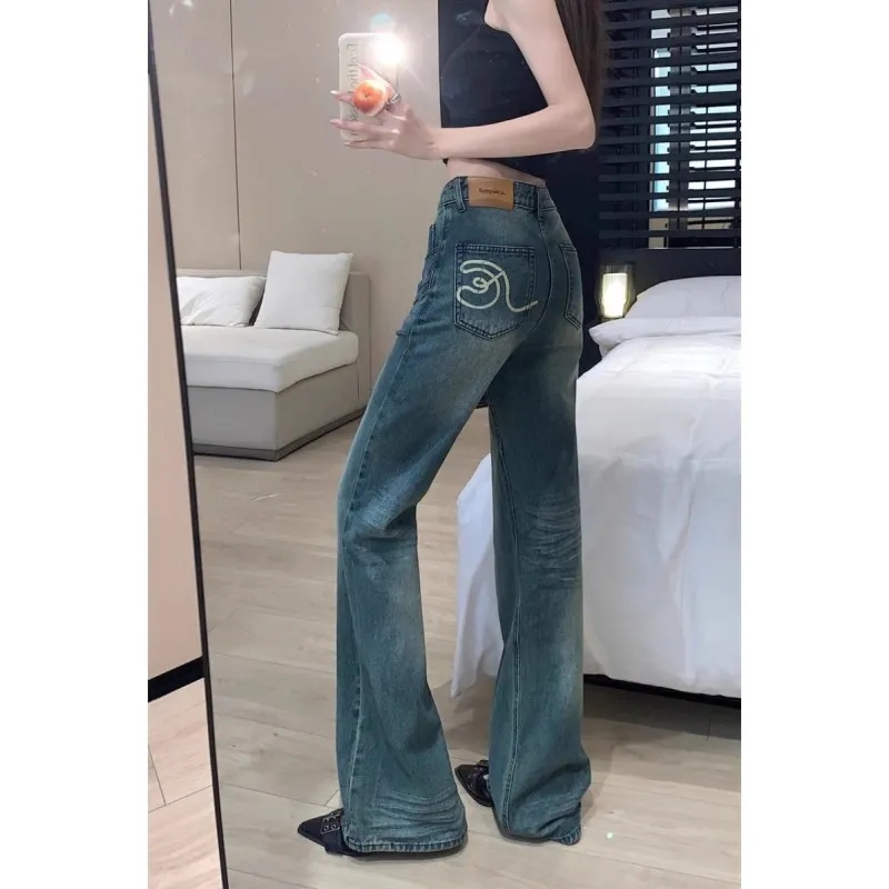 藍色復古美式做舊微喇叭牛仔褲女夏季低腰顯瘦加長版馬蹄拖地褲子