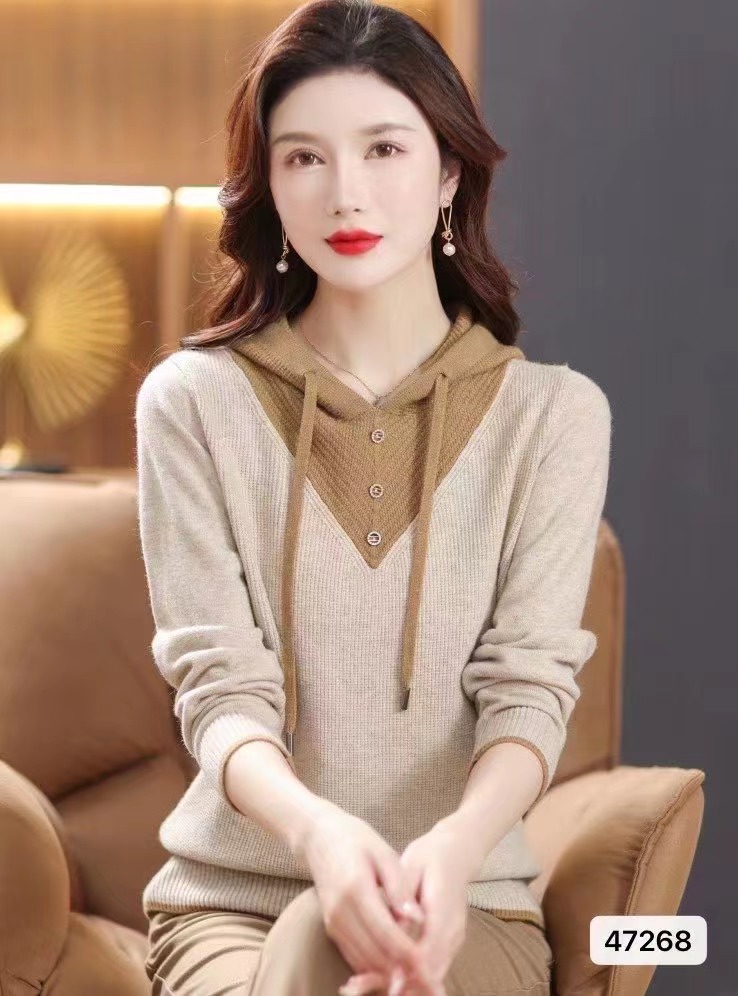 春秋連帽針織衫女士百搭上衣2023秋冬季新款拼色羊毛衣時尚打底衫