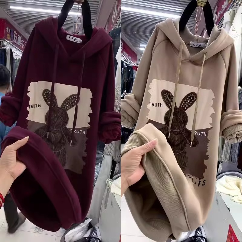 Official photo fleece sweatshirt mid-length hooded long-sleeved top women's large size loose cartoon rabbit style jacket