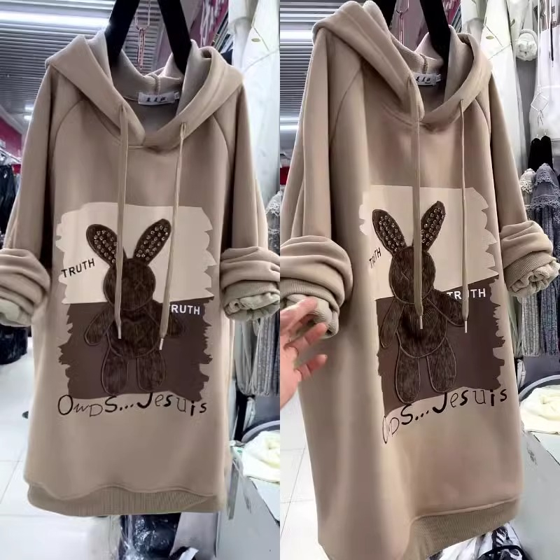 Official photo fleece sweatshirt mid-length hooded long-sleeved top women's large size loose cartoon rabbit style jacket