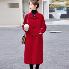 红色本命年呢子大衣女秋冬新款复古休闲气质牛角扣中长款毛呢外套